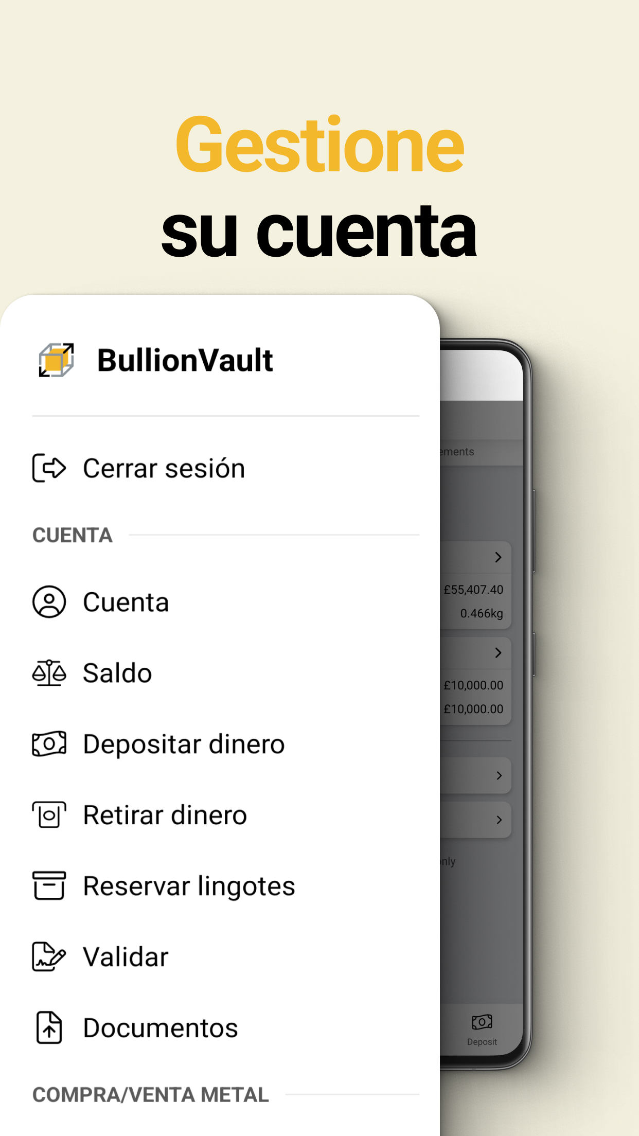 Gestione su cuenta en las apps de BullionVault.
