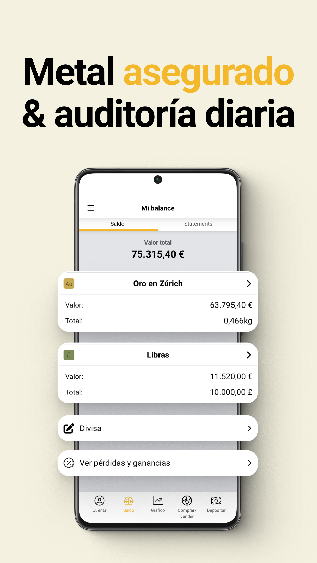 La app de BullionVault muestra sus tenencias de metales preciosos y el saldo de su cuenta