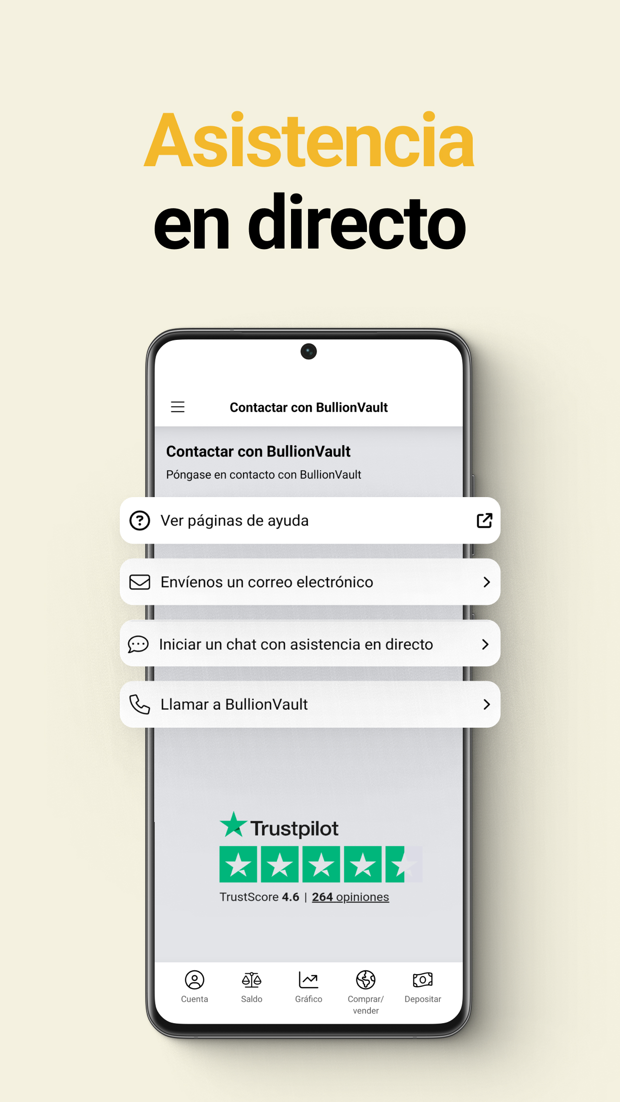 El soporte en vivo está disponible en las apps de BullionVault.
